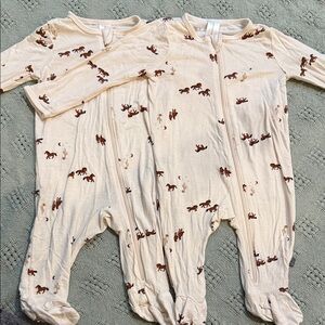 Neutral Cream Baby Footed One-Piece with Brown Horse Print - Pack
